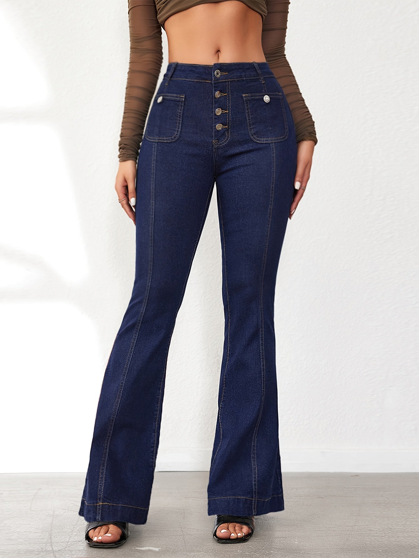 Flare Leg Bell Bottom Single-breasted Pintuck Denim Pants