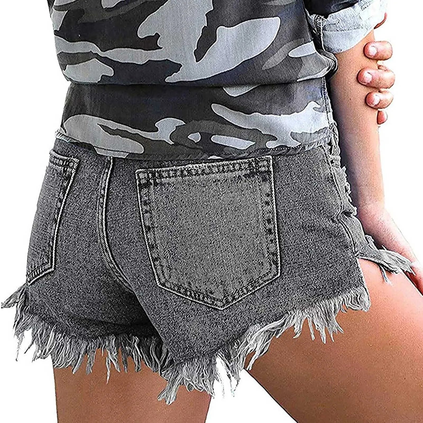 High Waisted Denim Shorts Ripped Hemvv