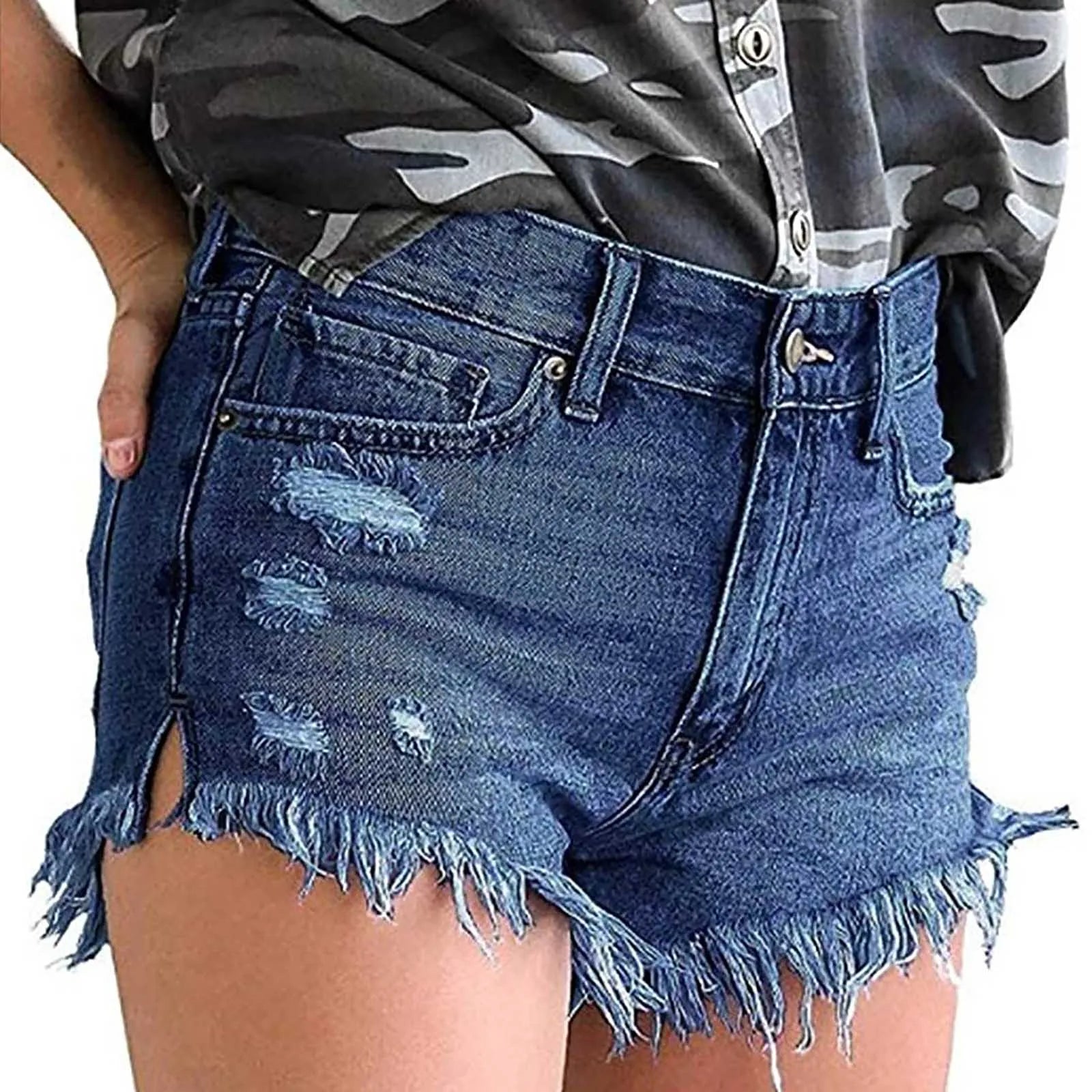 High Waisted Denim Shorts Ripped Hem