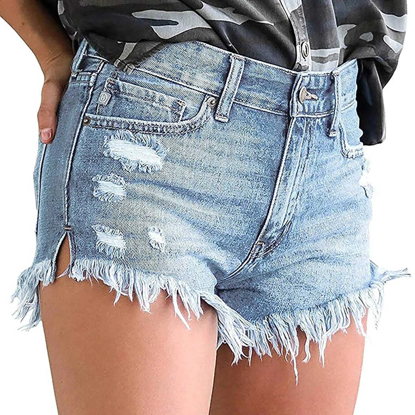 High Waisted Denim Shorts Ripped Hem