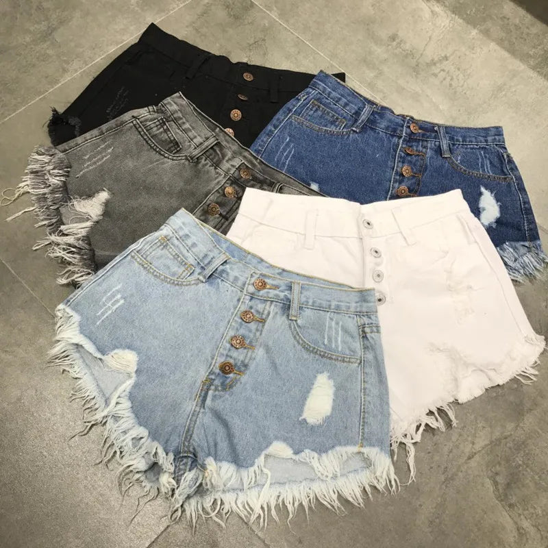 High Waist Tassel Broken Denim Shorts Shorts`