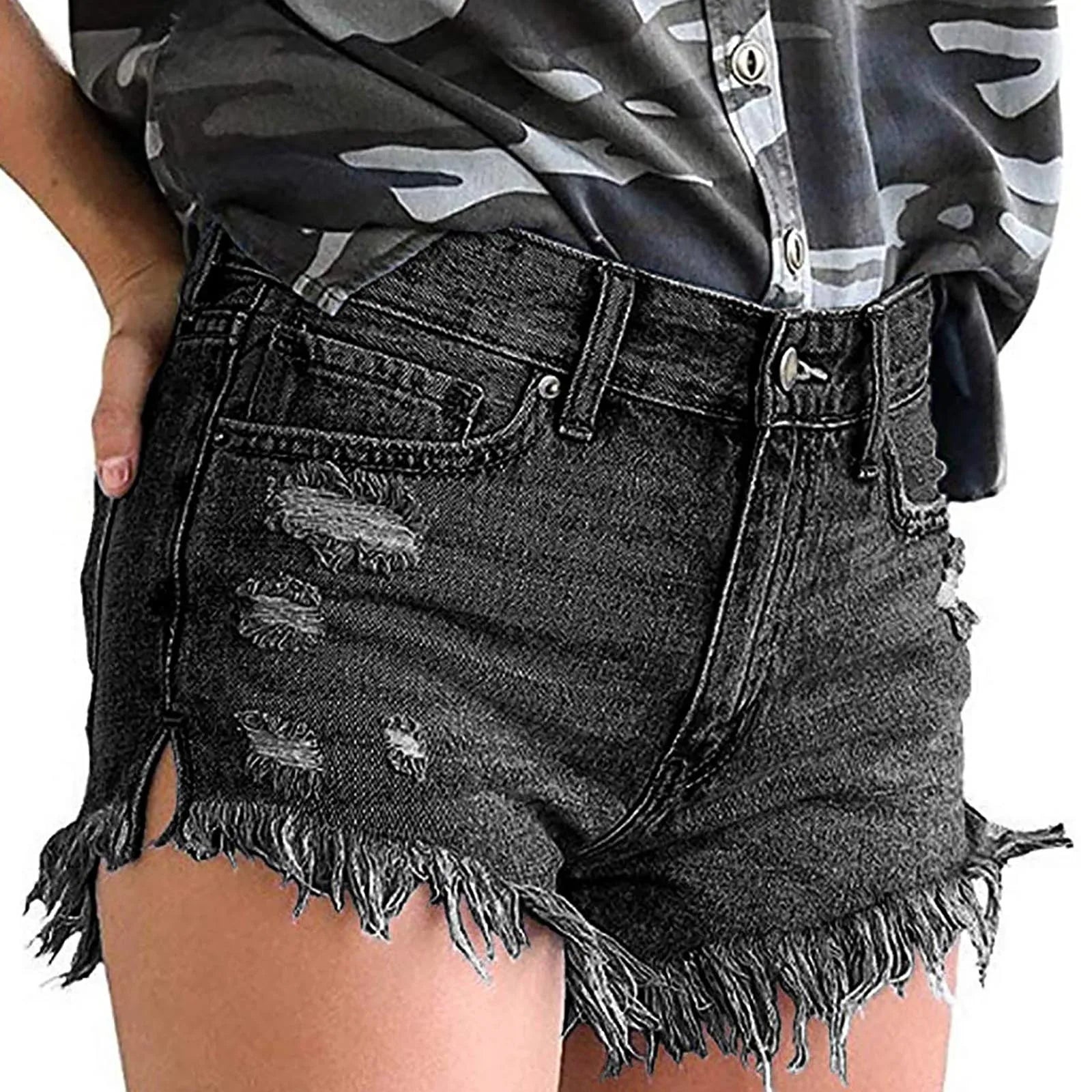 High Waisted Denim Shorts Ripped Hem