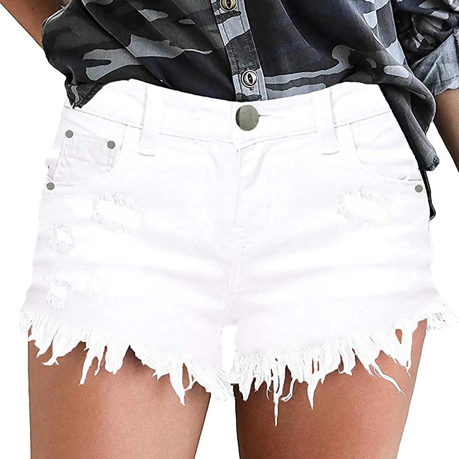 High Waisted Denim Shorts Ripped Hem