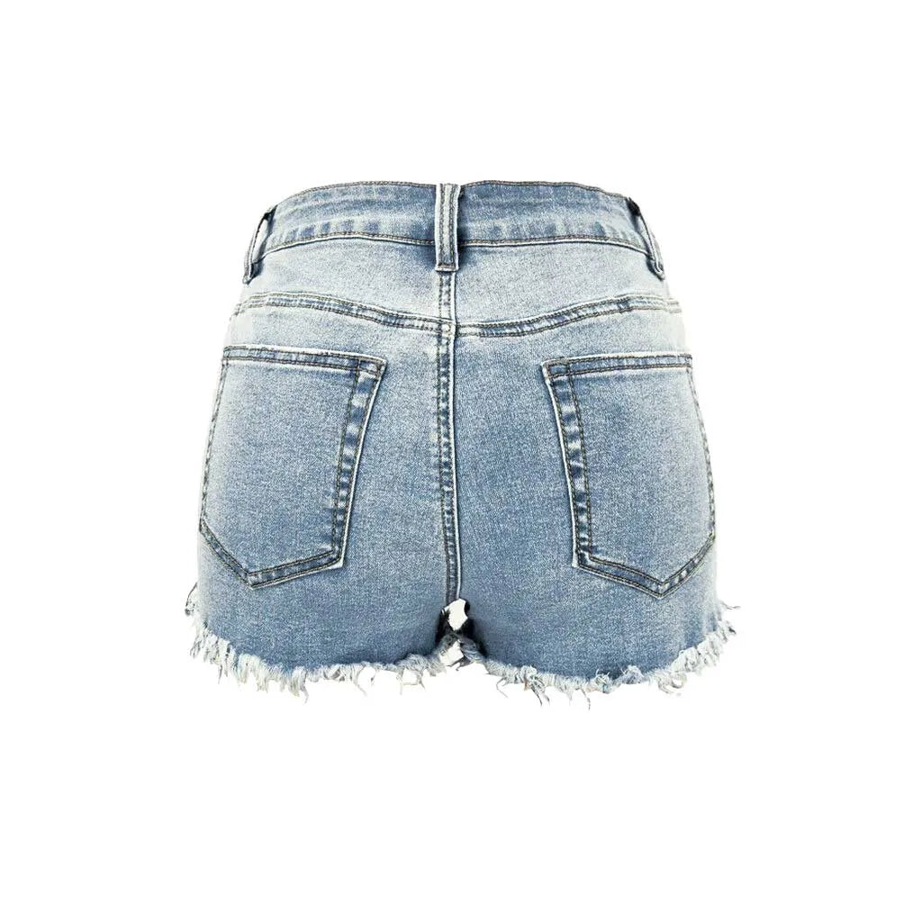 High Waisted Denim Shorts Ripped Hem