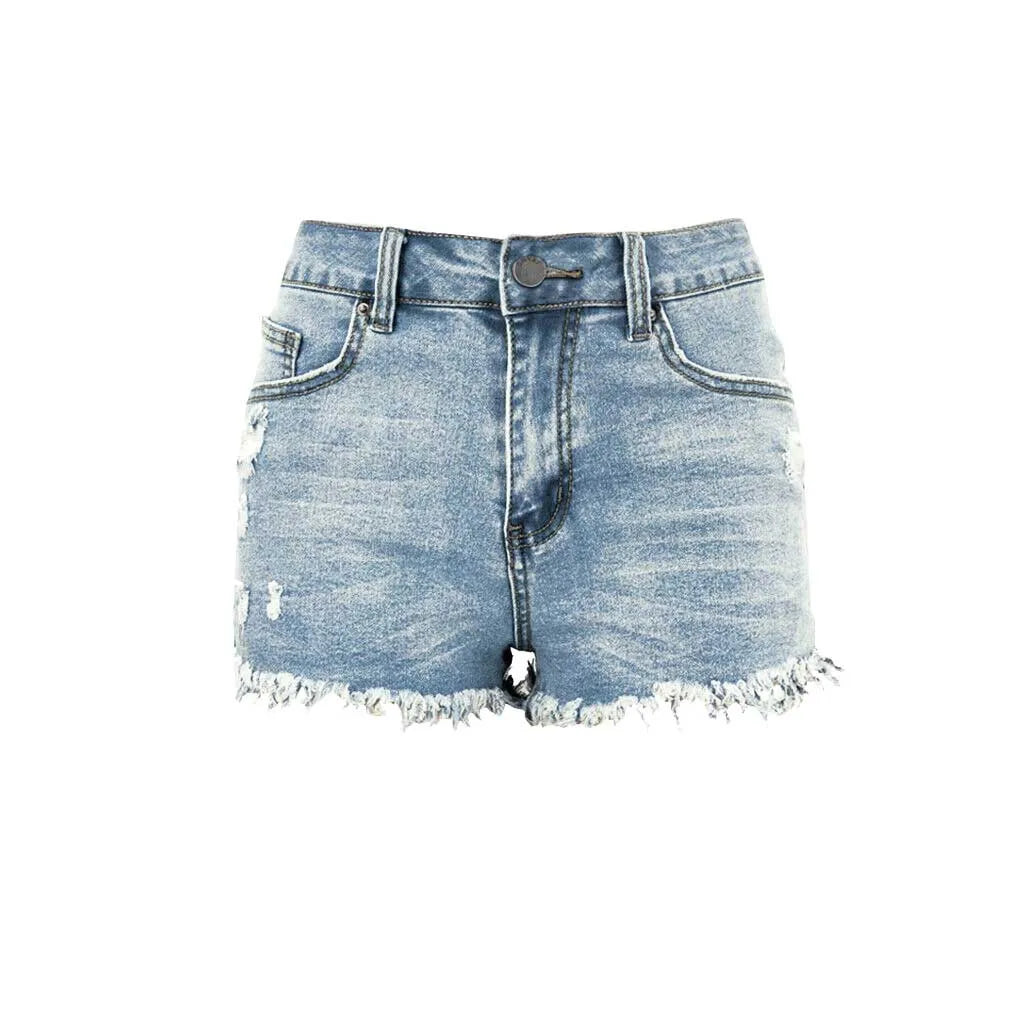 High Waisted Denim Shorts Ripped Hem