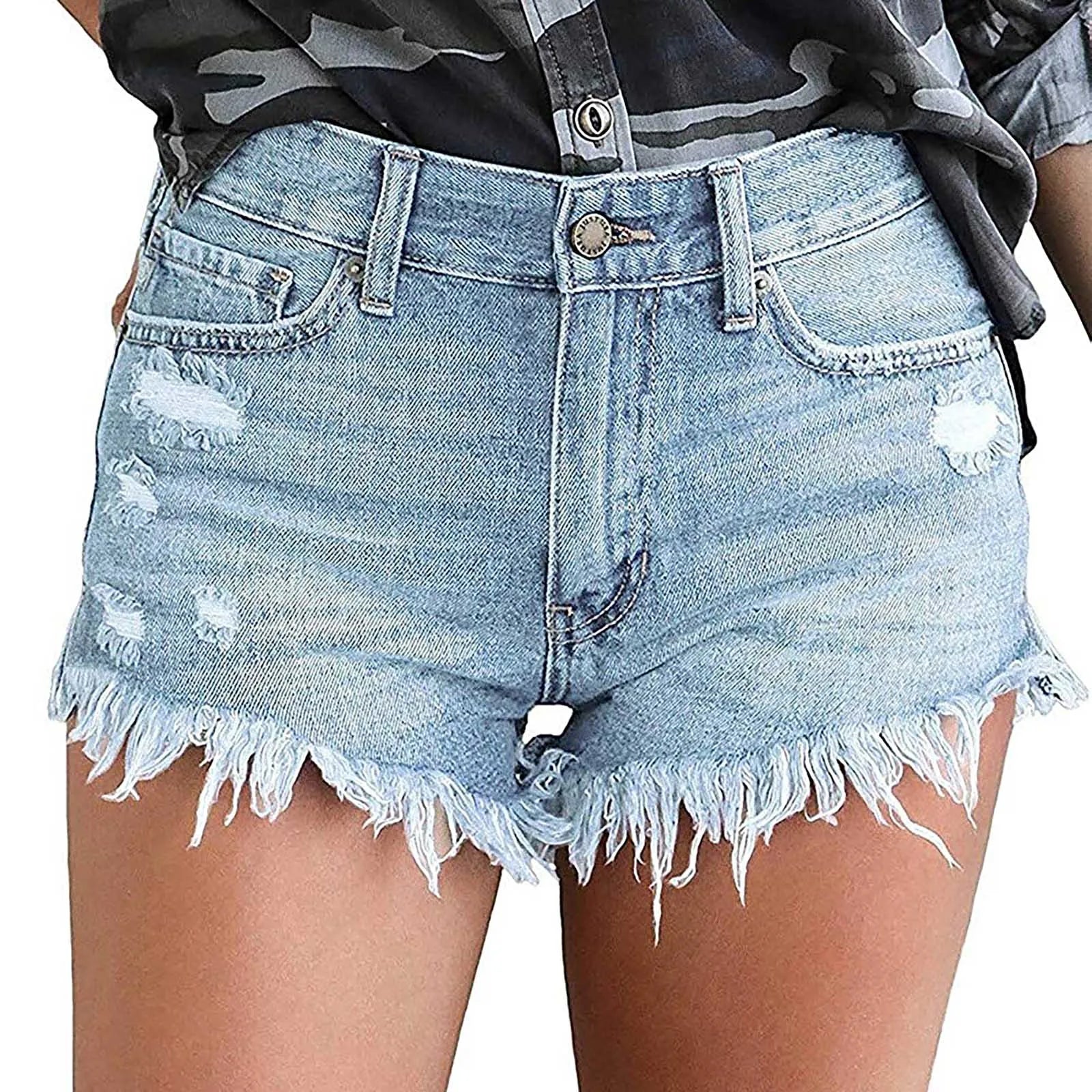 High Waisted Denim Shorts Ripped Hem