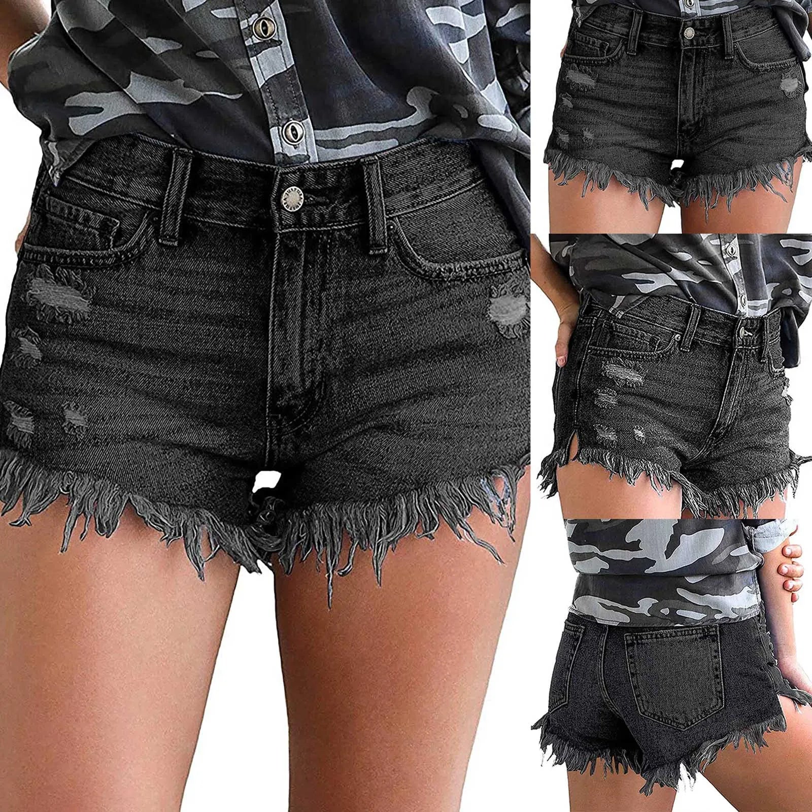 High Waisted Denim Shorts Ripped Hem