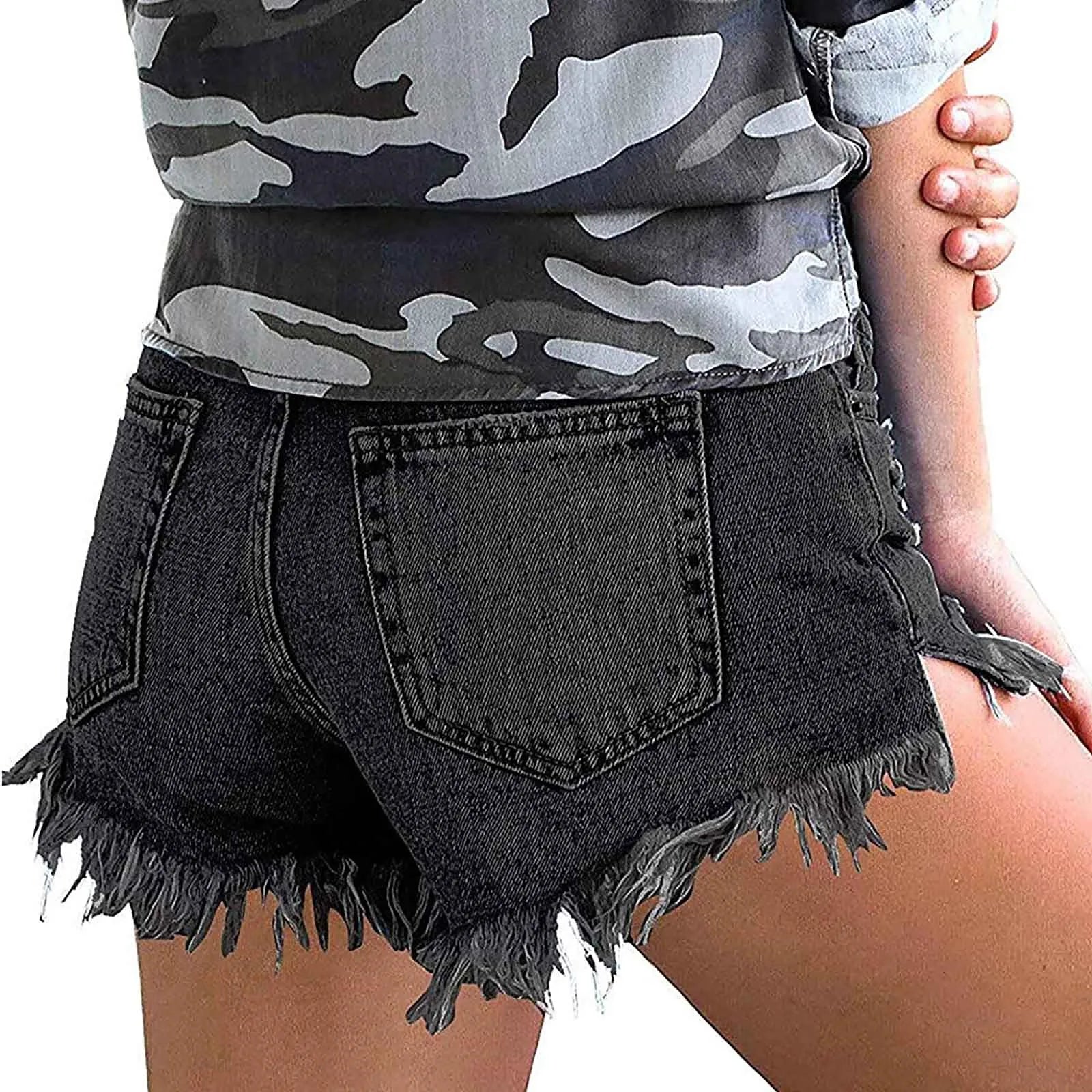 High Waisted Denim Shorts Ripped Hem