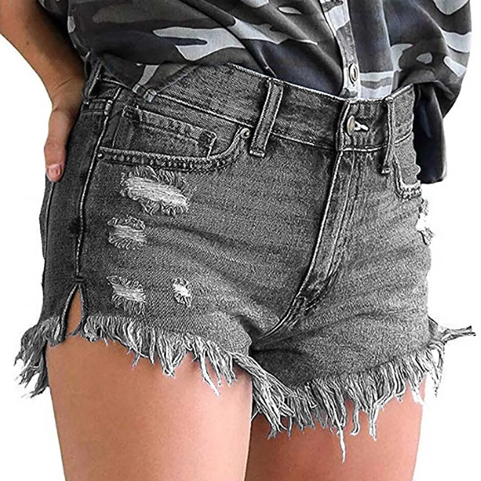 High Waisted Denim Shorts Ripped Hem