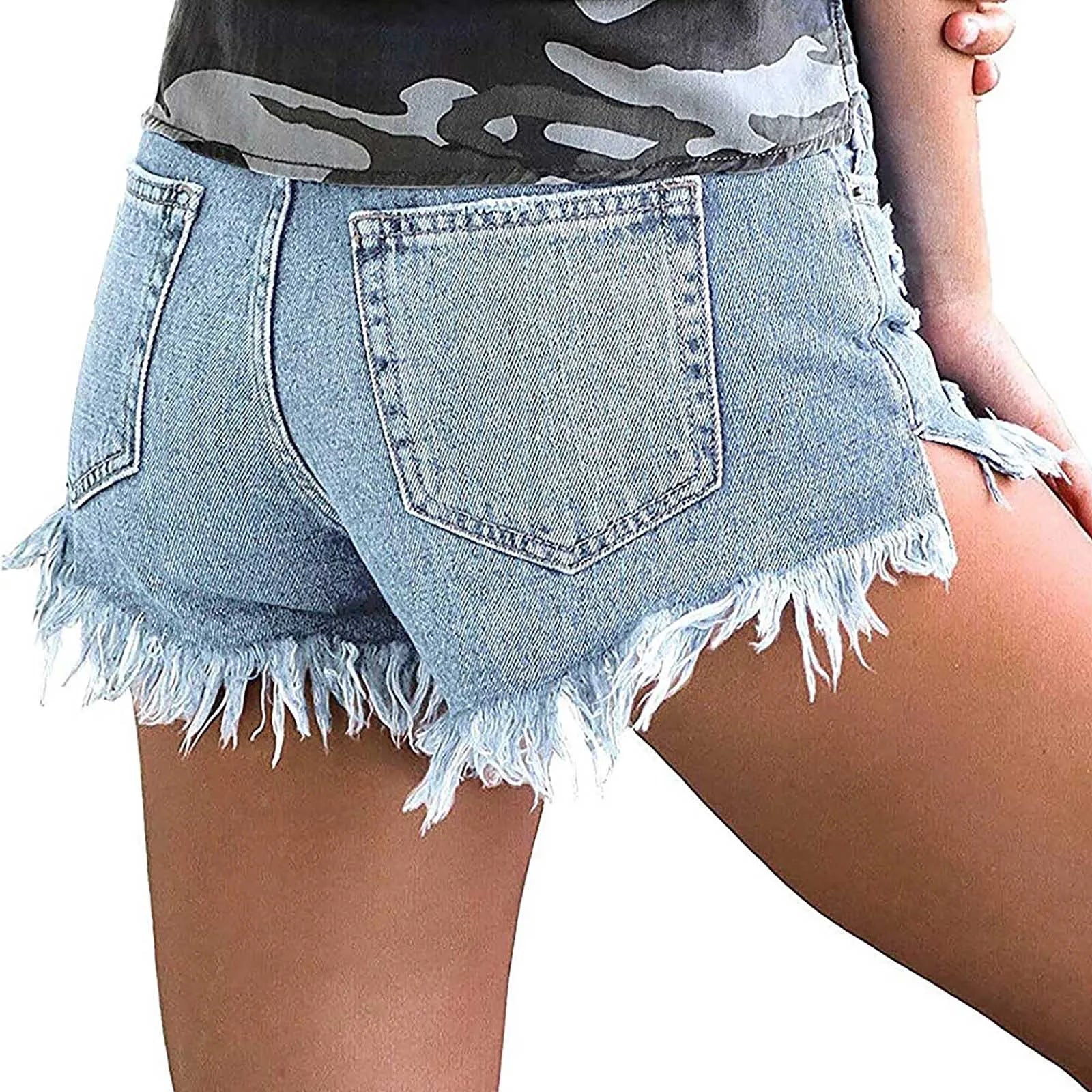 High Waisted Denim Shorts Ripped Hem