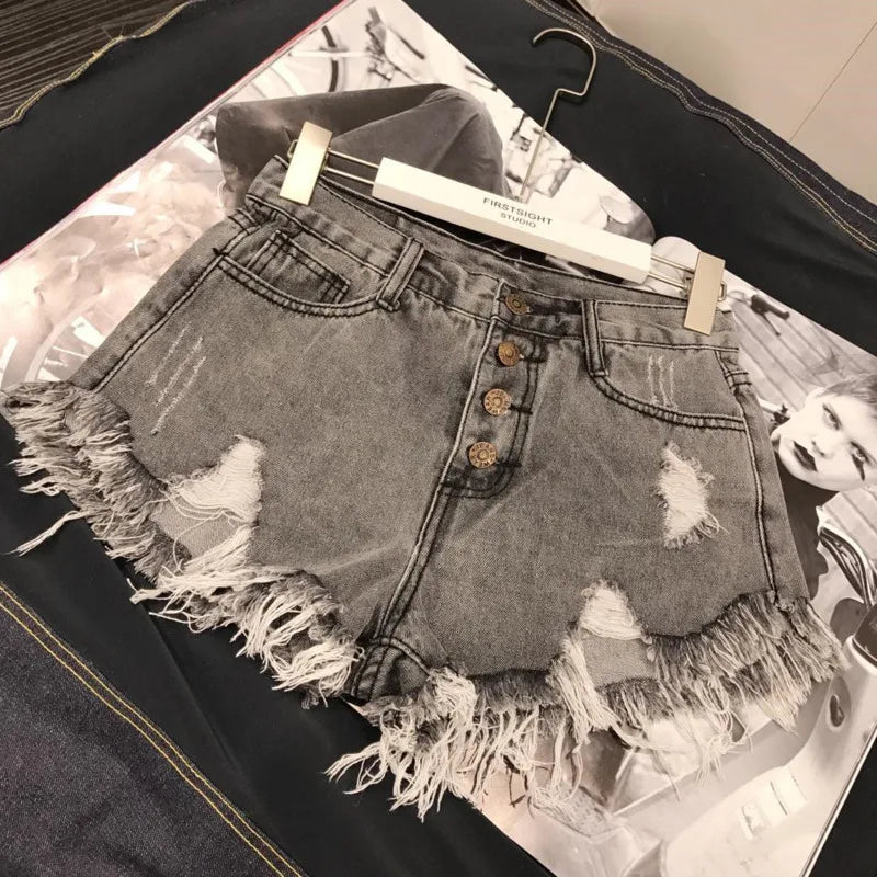 High Waist Tassel Broken Denim Shorts