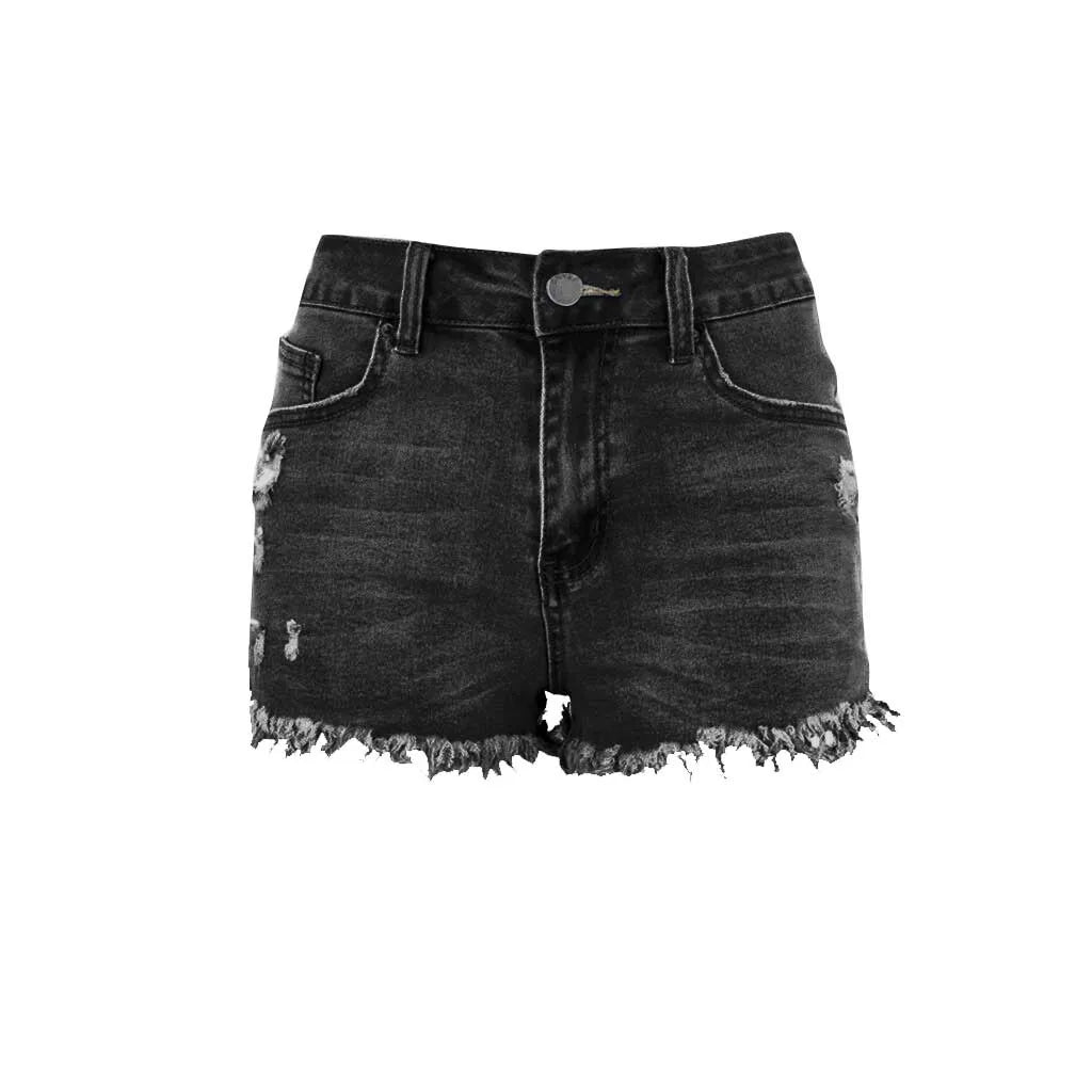 High Waisted Denim Shorts Ripped Hem