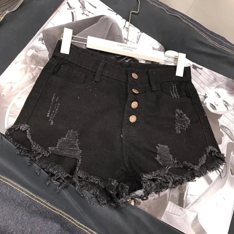 High Waist Tassel Broken Denim Shorts