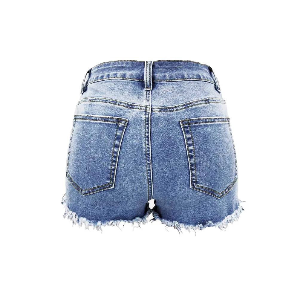 High Waisted Denim Shorts Ripped Hem