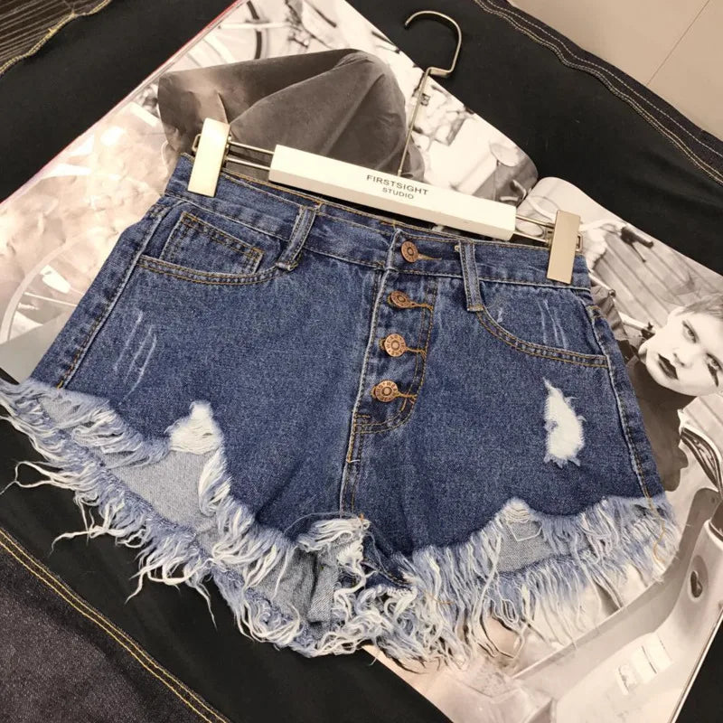 High Waist Tassel Broken Denim Shorts