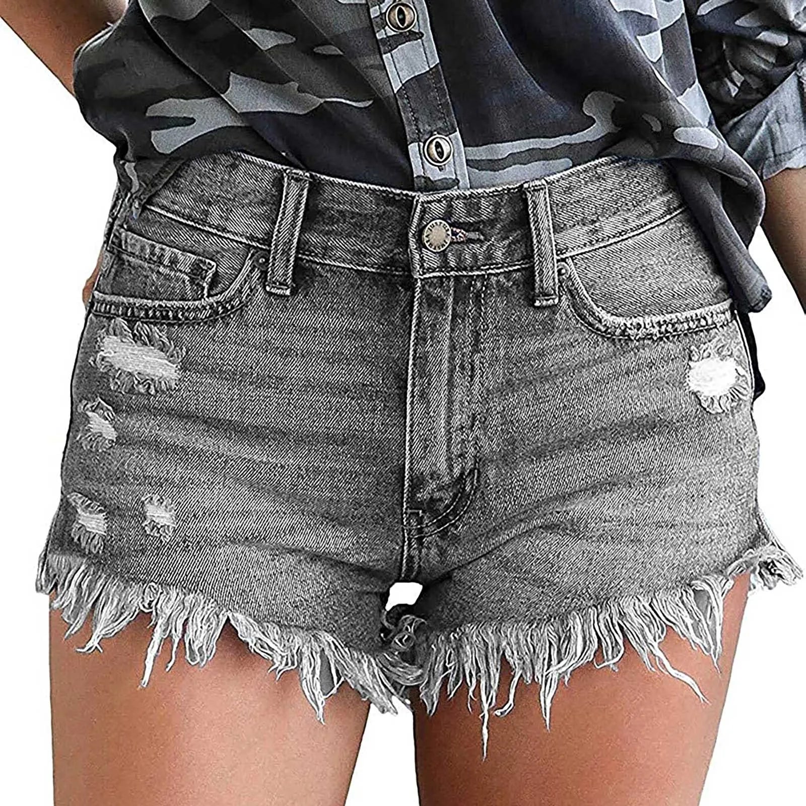 High Waisted Denim Shorts Ripped Hem